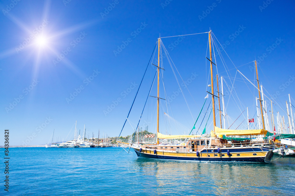 Wonderful yacht in blue bay near Bodrum town. Wonderful yacht in blue bay near Bodrum town.