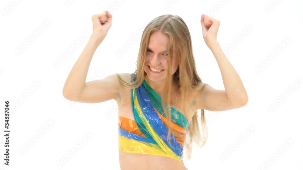 Happy young girl rejoicing success over white Happy young girl rejoicing success over white