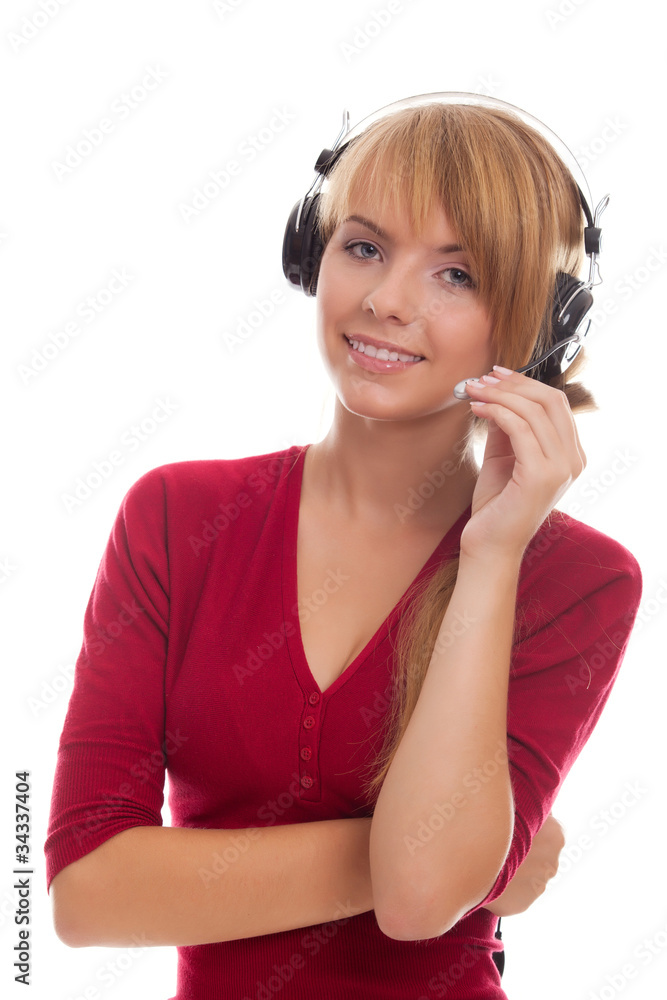 friendly young woman helpline operator in headphones friendly young woman helpline operator in headphones