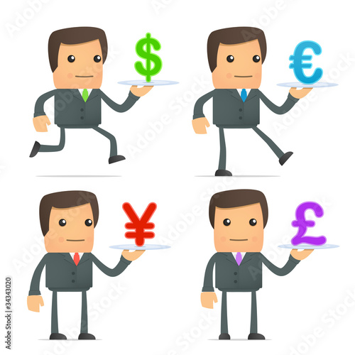 cartoon businessman carries a tray of currency