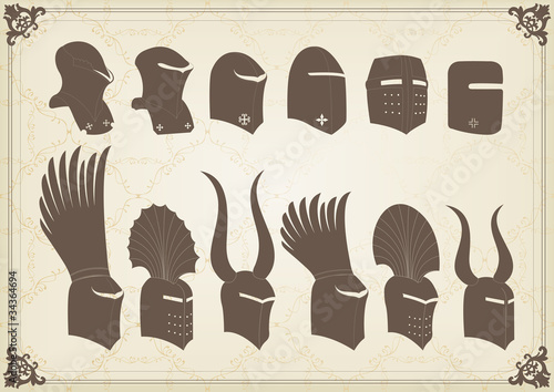 Vintage medieval knight helmets and elements vector