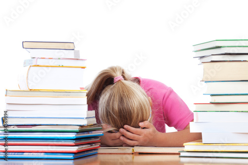 schoolgirl frustated between many books