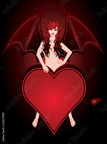 Beautiful Devil girl and poker heart, vecor illustration