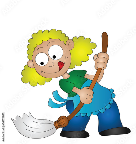 Cartoon housewife sweeping the floor with a broom