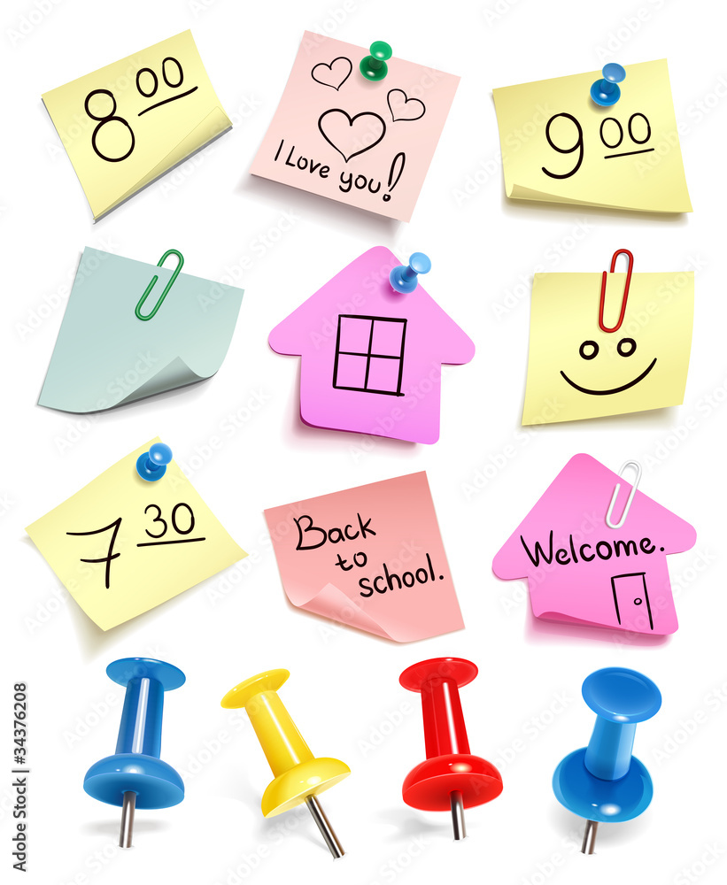Vector paper notes with push pin and paperclip Vector paper notes with push pin and paperclip