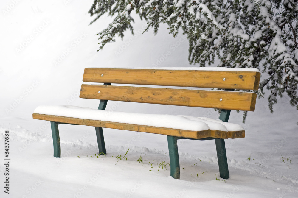 Bench covered by snow.