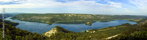 Panorama of Krka river and the island and monastery Visovac