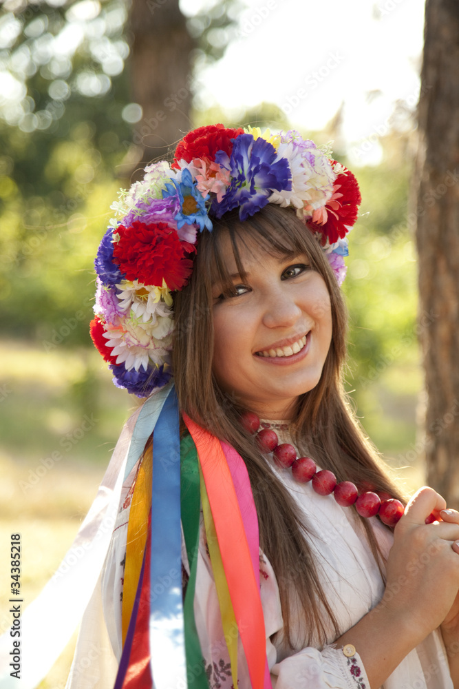 Slav girl with wreath at field Slav girl with wreath at field