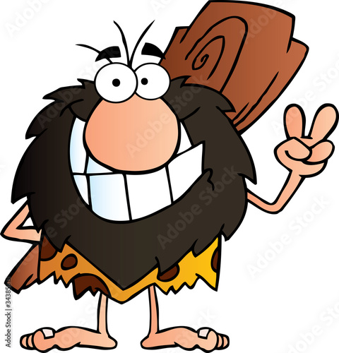 Happy Caveman Gesturing The Peace Sign With His Hand