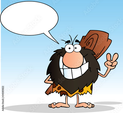 Caveman Gesturing The Peace Sign With His Hand And Speech Bubble
