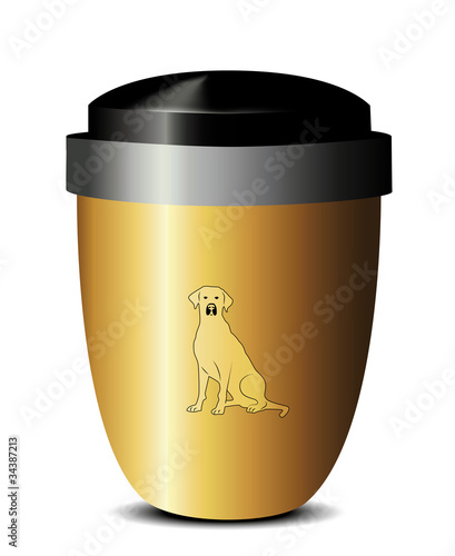 Urne aus gold mit Hundmotiv