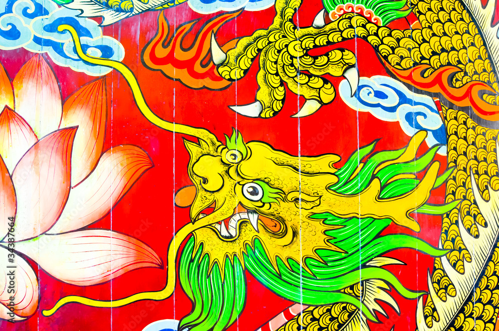 Tradition Chinese dragon painting on Chinese temple wall Stock Photo ...