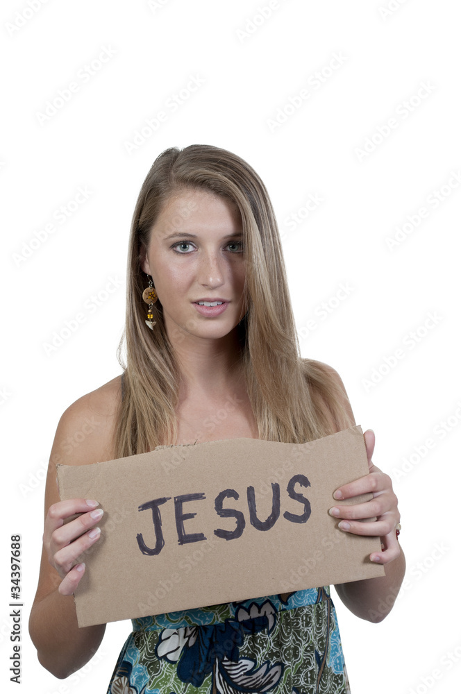 Woman Holding Jesus Sign Woman Holding Jesus Sign