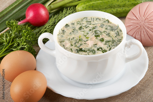 Cold vegetable soup with kvas and mayonnaise