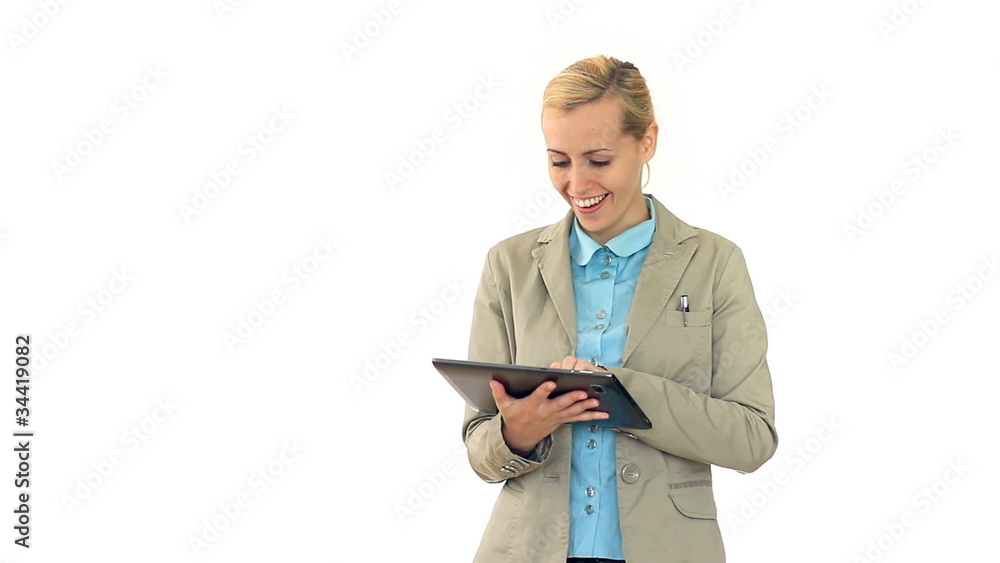 Exited successful businesswoman with tablet computer, isolated Exited successful businesswoman with tablet computer, isolated