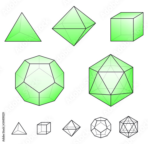 Platonic solids with green surfaces. Regular, convex polyhedrons in Euclidean geometry. Tetrahedron, hexahedron, octahedron, dodecahedron and icosahedron. Isolated illustration on white background.