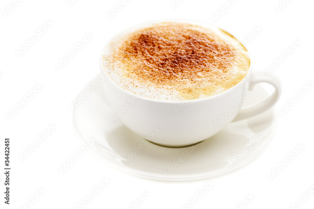 cappuccino in a cup in the shape of hearts isolated on white