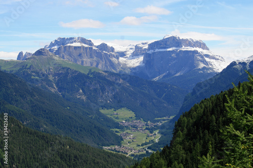 view of the mountains of the Dolomites of Val di Fassa in Italy