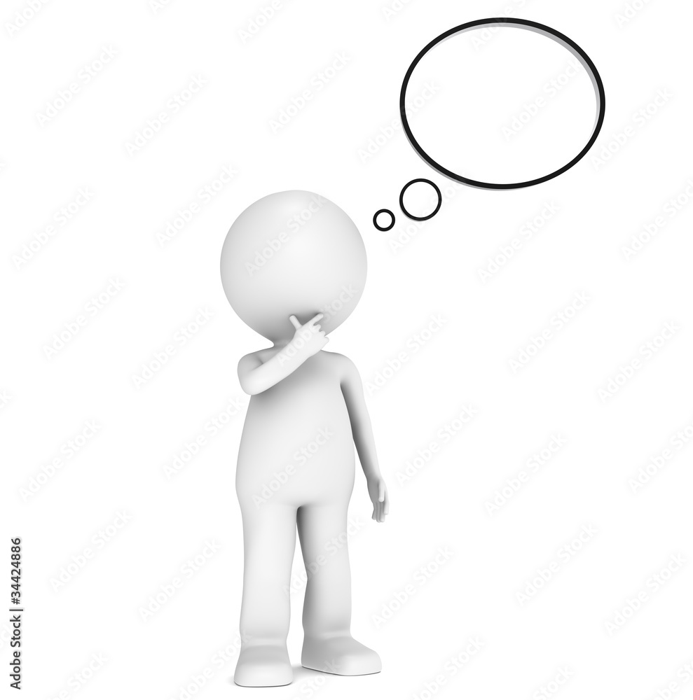 3D little human character with a think bubble. 3D little human character with a think bubble.