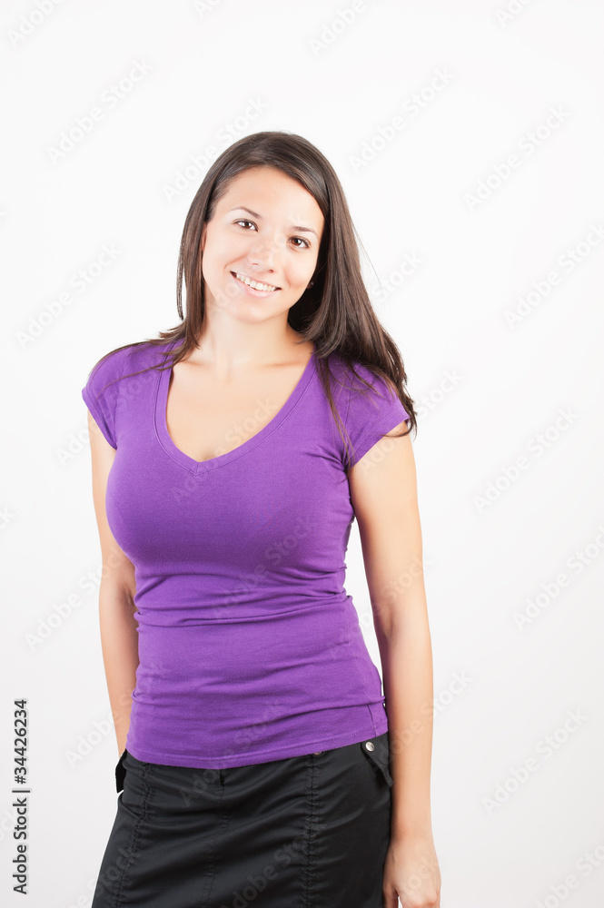 Portrait of charming young woman smiling over Portrait of charming young woman smiling over