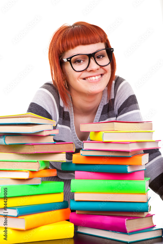 smiling girl with stack of books smiling girl with stack of books