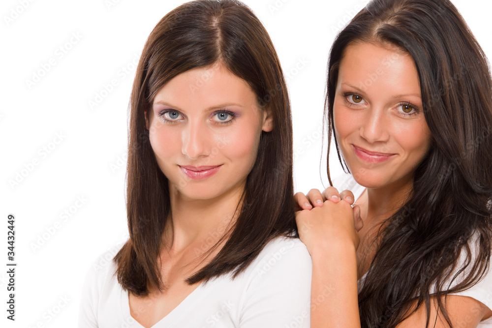 Two girlfriends beautiful model smiling portrait Two girlfriends beautiful model smiling portrait