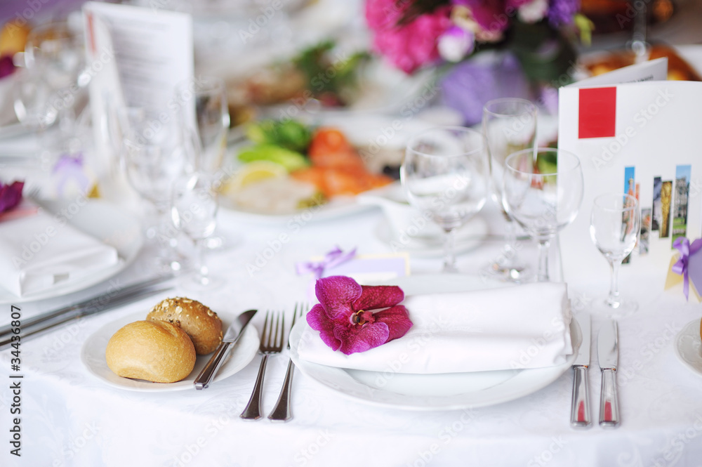 Table set for an event party or wedding reception Table set for an event party or wedding reception