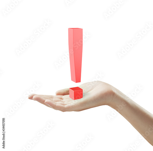 Φωτογραφία Red exclamation mark on a woman's hand