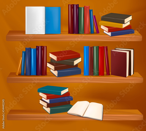 Bookshelf with colorful books and clock. Vector illustration.