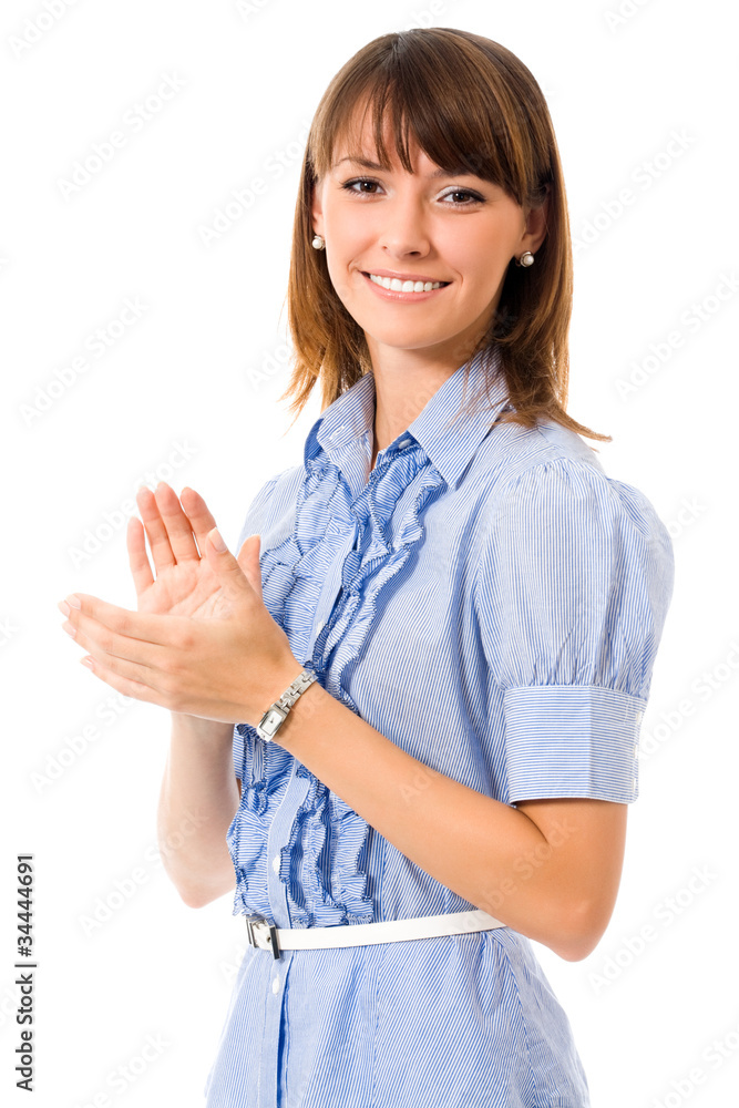 Portrait of young happy clapping business woman, isolated Portrait of young happy clapping business woman, isolated