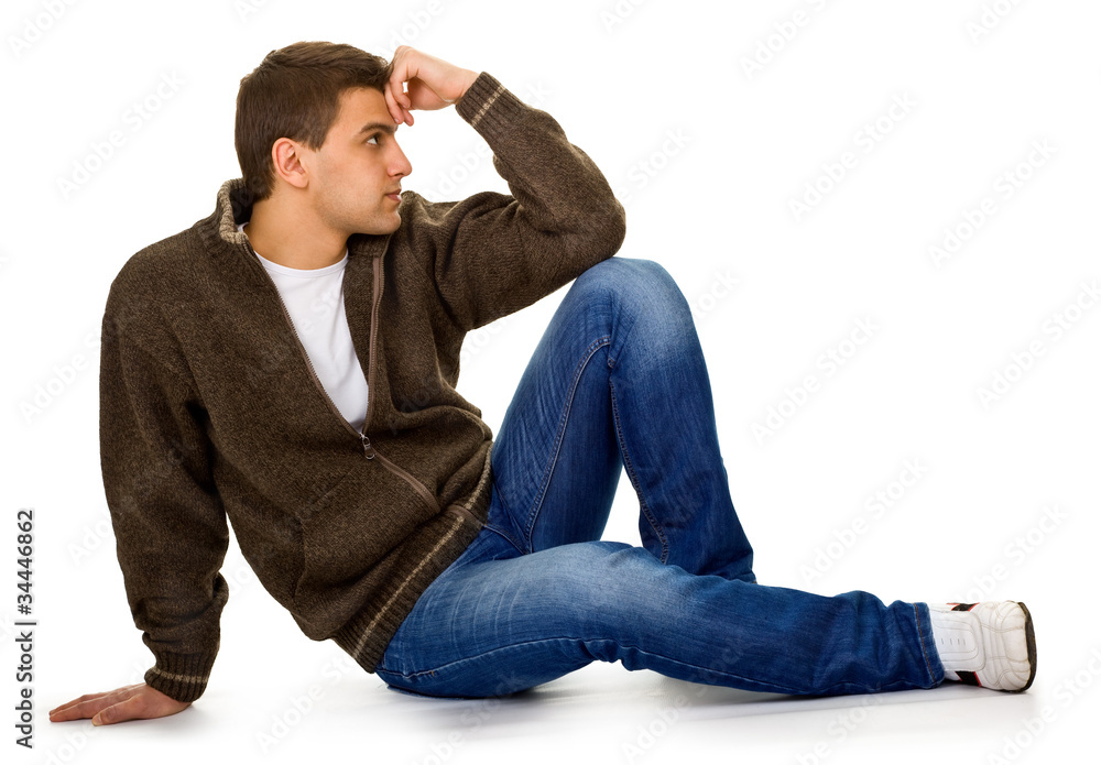 man advertises a walking clothes