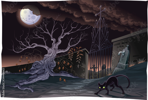 Black cat and cemetery in the night. Vector scene
