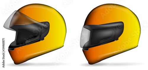 set of yellow motorcycle helmet isolated on white