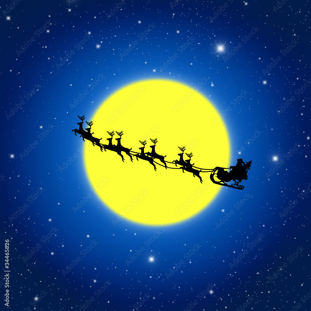Santa Claus On Sledge With Deer And white Moon Santa Claus On Sledge With Deer And white Moon
