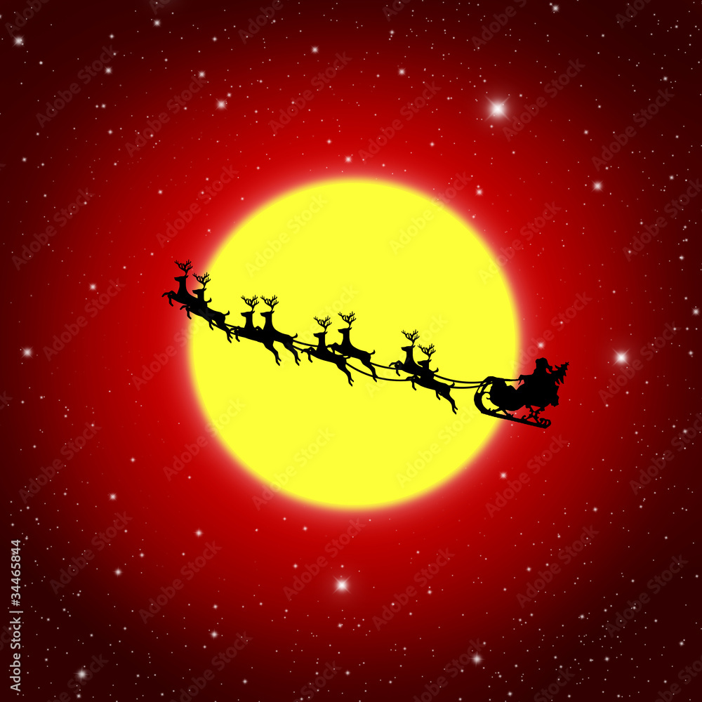 Naklejka premium Santa Claus On Sledge With Deer And white Moon
