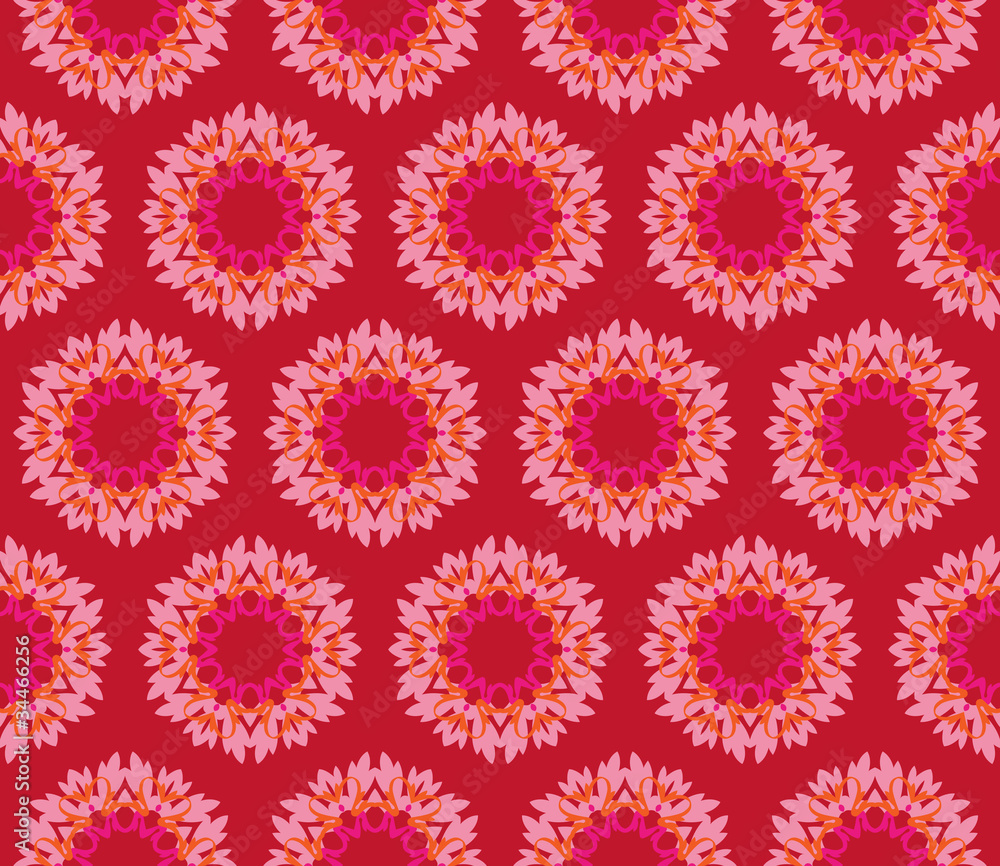 Seamless pattern with flowers in pink, red and orange