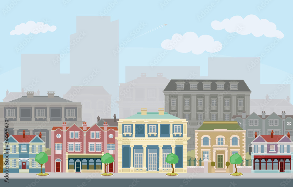 Urban street scene with smart townhouses