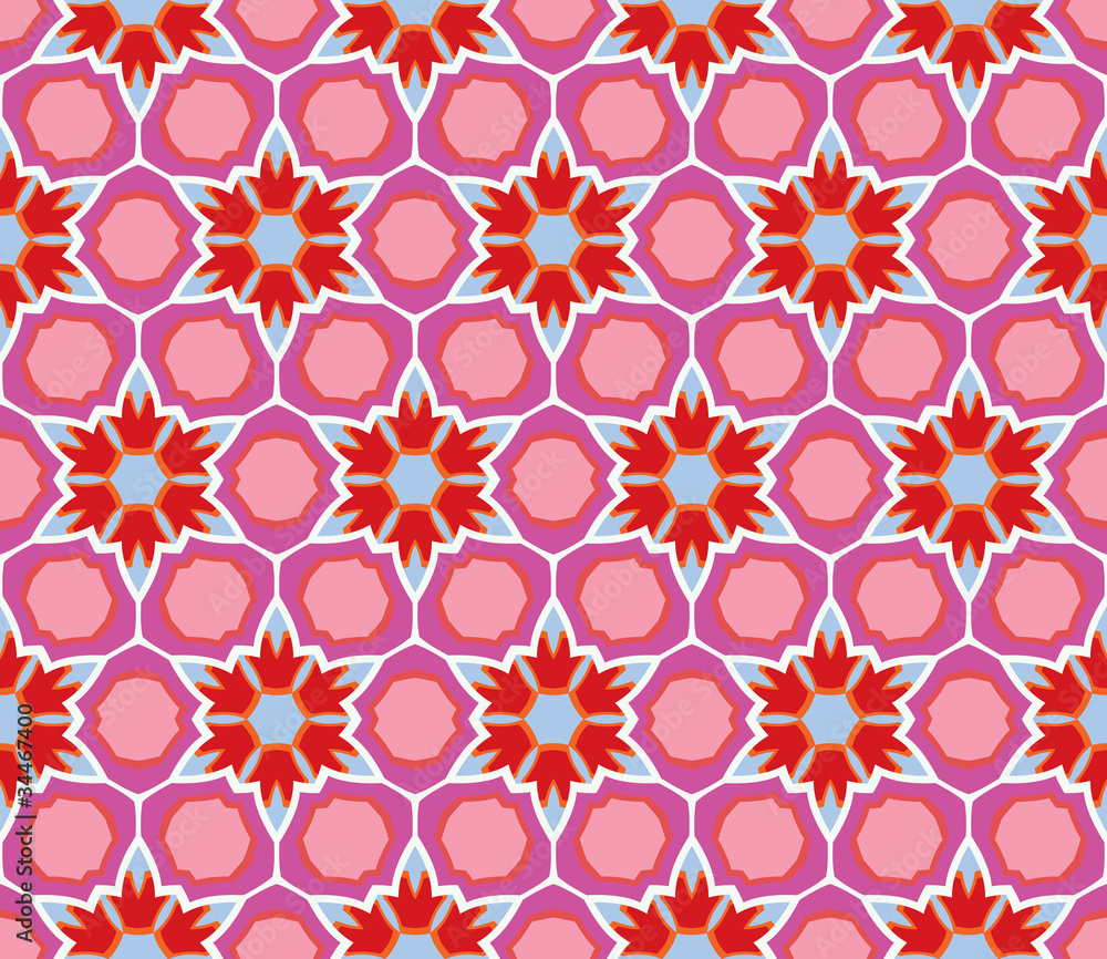 Colorful floral pattern in red, pink, purple and blue