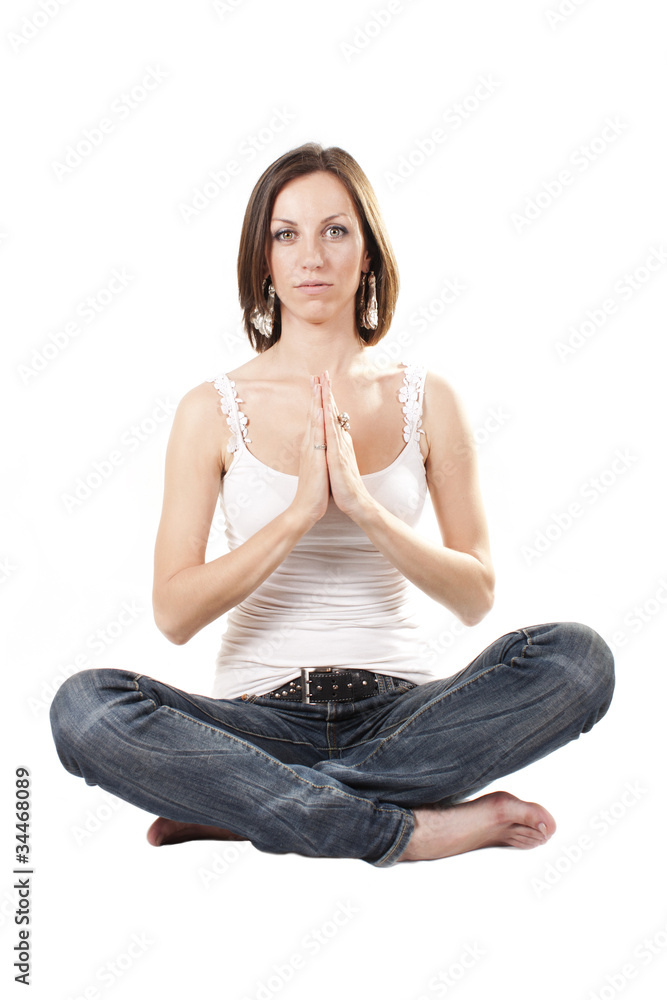 young caucasian woman praying isolated on white background young caucasian woman praying isolated on white background