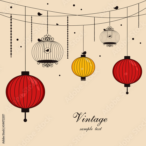 hanging lanterns and birdcages with space for text