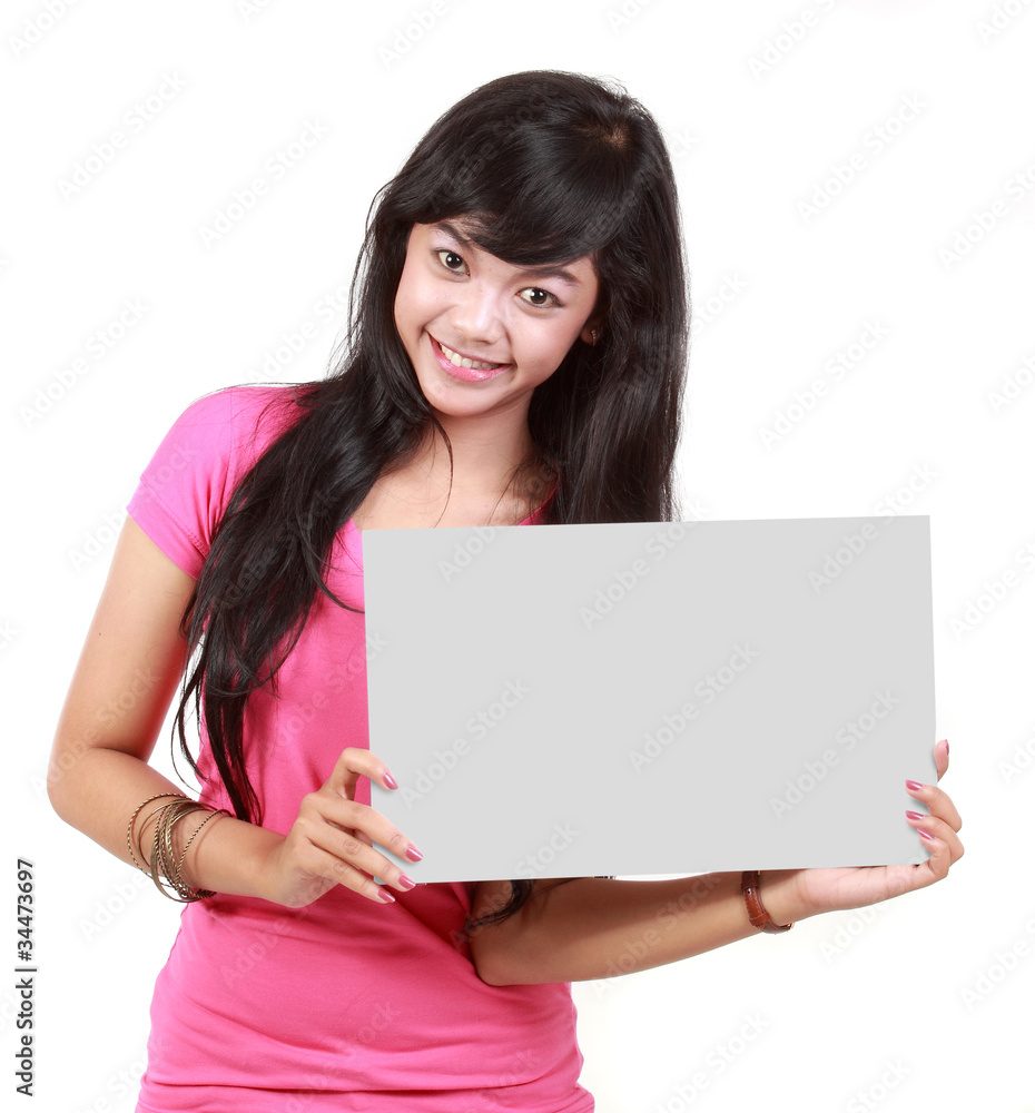 young woman showing a blank white card young woman showing a blank white card