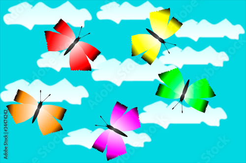 Five colorful butterflies fly in the sky