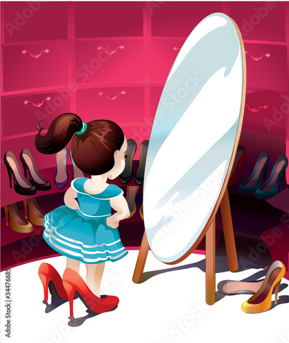 little girl in the mirror trying on shoes