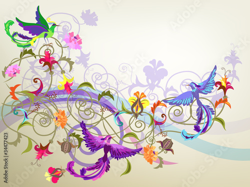 Colorful background with flowers and birds