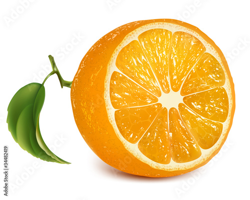 Vector fresh ripe orange with leaf.