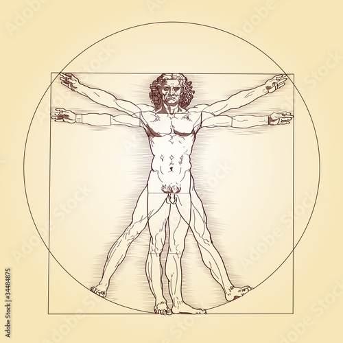 Vitruvian Man, Leonardo da Vinci. The Vitruvian Man, based on the records of Leonardo da Vinci and the architect Vitruvius. Illustration on white background. Vector. photo