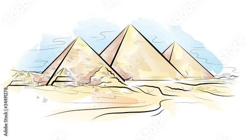 Vector drawing color piramids and desert in Giza, Egypt