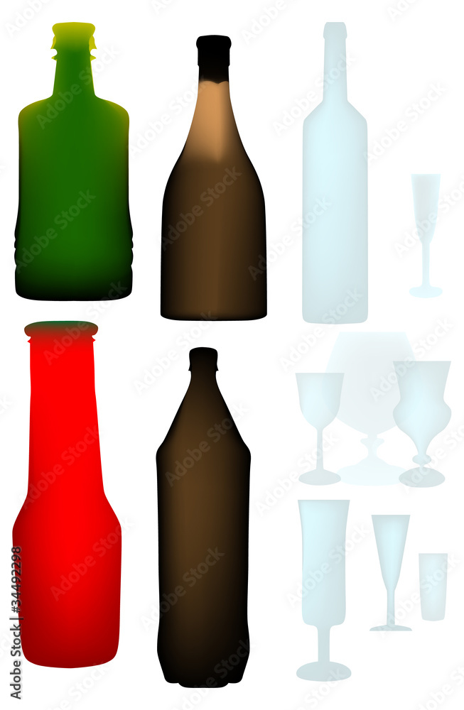 color botteles and glasses on white color botteles and glasses on white