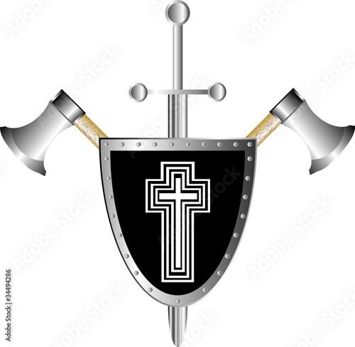 Battle shield with axes and sword