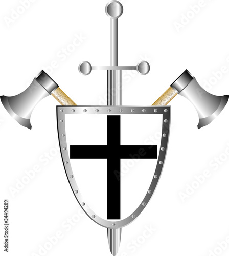 Battle shield with axes and sword